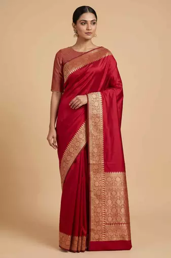 Red Semi Silk Banarasi Saree With Plain Anchal Border Work