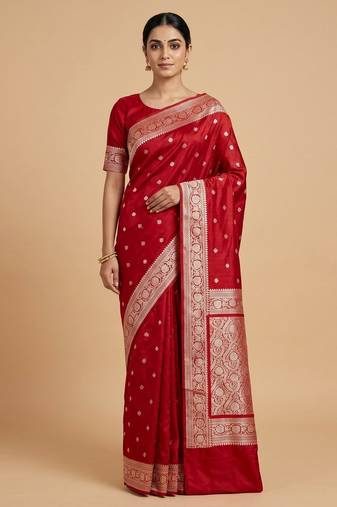 Red Semi Silk Mashru Banarasi Saree With Silver Zari Booti Work