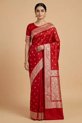 Red Semi Silk Mashru Banarasi Saree With Silver Zari Booti Work