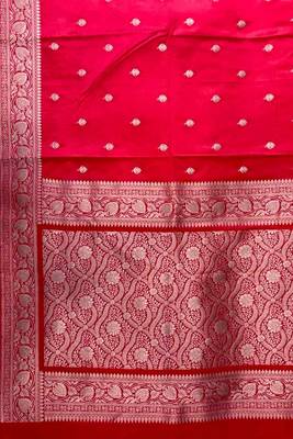 Red Semi Silk Mashru Banarasi Saree With Silver Zari Booti Work 3