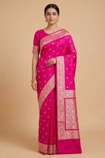 Ranipink Semi Silk Mashru Banarasi Saree With Silver Zari Booti Work
