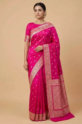 Ranipink Semi Silk Mashru Banarasi Saree With Silver Zari Booti Work
