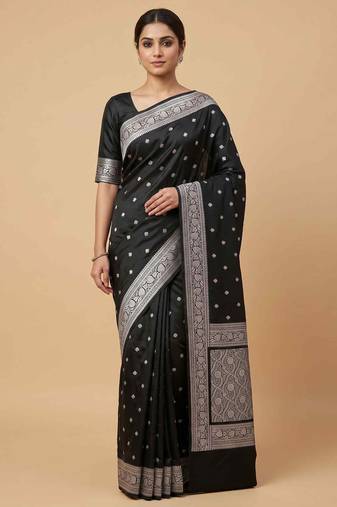 Black Semi Silk Mashru Banarasi Saree With Silver Zari Booti Work