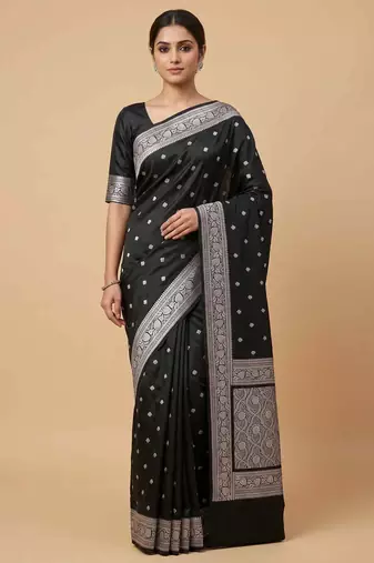 Black Semi Silk Mashru Banarasi Saree With Silver Zari Booti Work