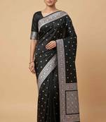 Black Semi Silk Mashru Banarasi Saree With Silver Zari Booti Work