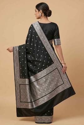 Black Semi Silk Mashru Banarasi Saree With Silver Zari Booti Work 2