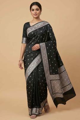 Black Semi Silk Mashru Banarasi Saree With Silver Zari Booti Work 3