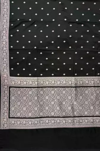 Black Semi Silk Mashru Banarasi Saree With Silver Zari Booti Work