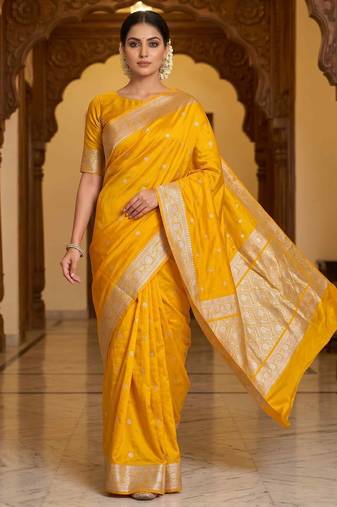 Mustard Yellow Semi Silk Mashru Banarasi Saree With Silver Zari Booti Work