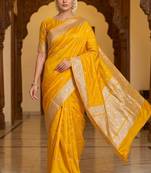 Mustard Yellow Semi Silk Mashru Banarasi Saree With Silver Zari Booti Work