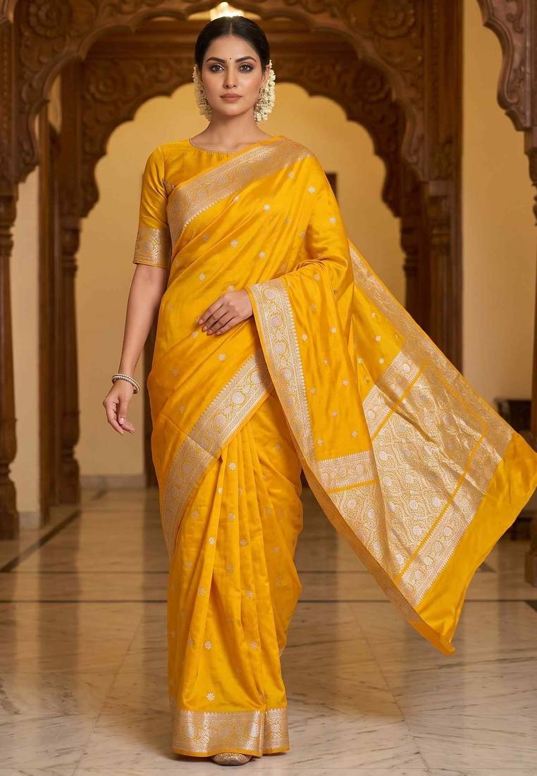 Mustard Yellow Semi Silk Mashru Banarasi Saree With Silver Zari Booti Work