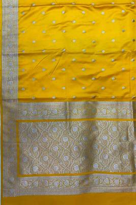 Mustard Yellow Semi Silk Mashru Banarasi Saree With Silver Zari Booti Work 2