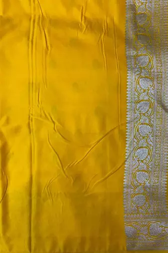 Mustard Yellow Semi Silk Mashru Banarasi Saree With Silver Zari Booti Work