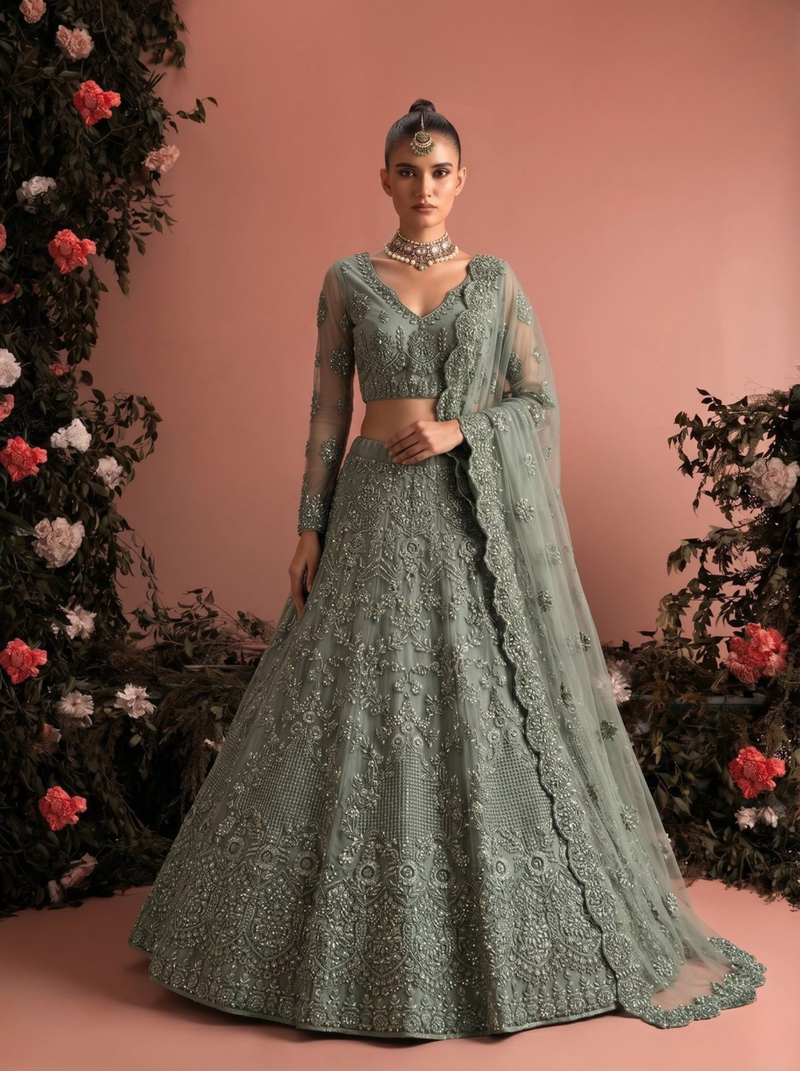 Seag Green Net Embroidered Wedding-Wear Reception Lehenga Choli