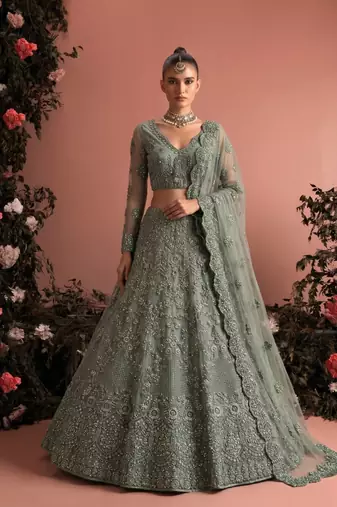 Seag Green Net Embroidered Wedding-Wear Reception Lehenga Choli