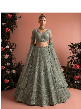 Seag Green Net Embroidered Wedding-Wear Reception Lehenga Choli 2