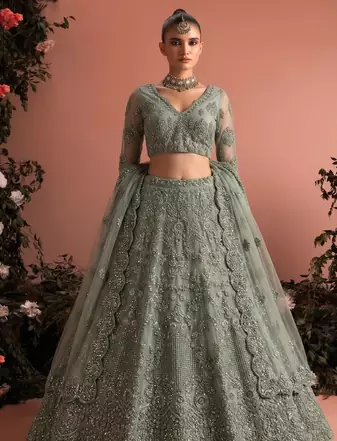 Seag Green Net Embroidered Wedding-Wear Reception Lehenga Choli