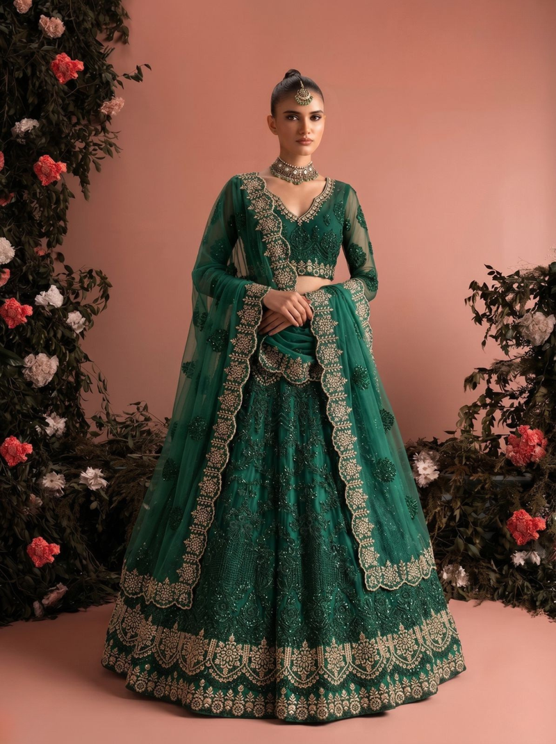 Green Butterfly Net fabric with Embroidered, Resham, Sequence, Thread work Lehengas For Your Wedding Look