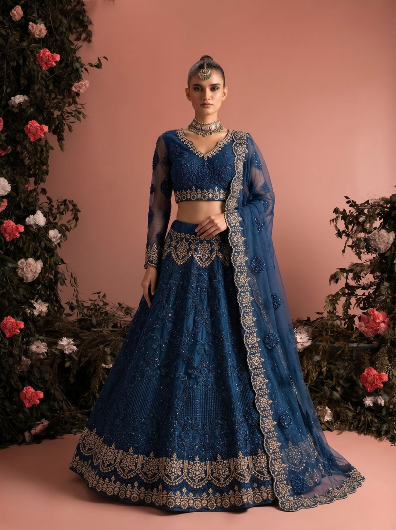 Blue Butterfly Net fabric with Embroidered, Resham, Sequence, Thread work Lehengas For Your Wedding Look
