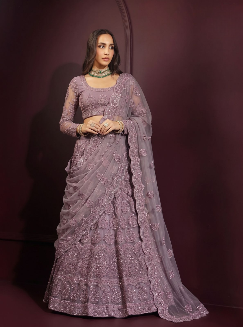 Lavender butterfly net fabric with embroidered, resham, sequence, thread work lehengas for your wedding look