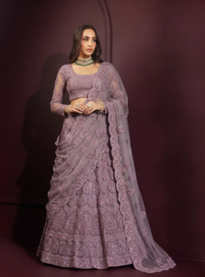 Lavender butterfly net fabric with embroidered, resham, sequence, thread work lehengas for your wedding look 2