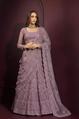 Lavender butterfly net fabric with embroidered, resham, sequence, thread work lehengas for your wedding look