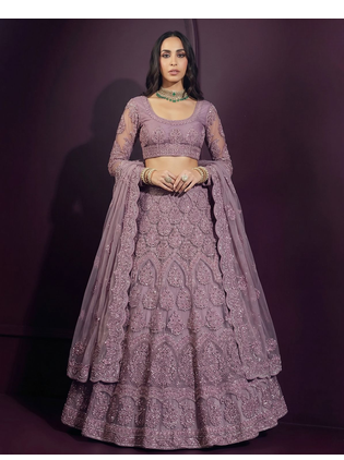 Lavender butterfly net fabric with embroidered, resham, sequence, thread work lehengas for your wedding look 1