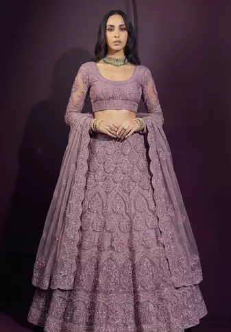 Lavender butterfly net fabric with embroidered, resham, sequence, thread work lehengas for your wedding look