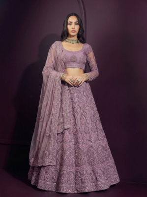 Lavender butterfly net fabric with embroidered, resham, sequence, thread work lehengas for your wedding look 3