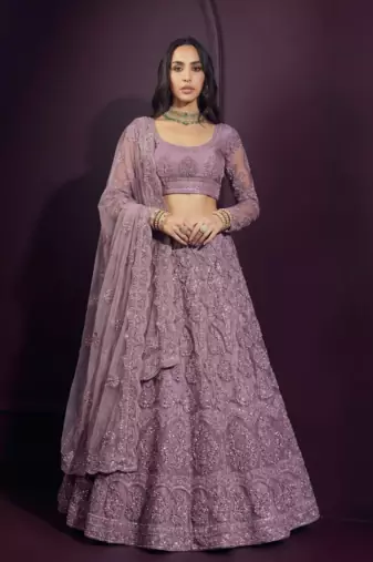 Lavender butterfly net fabric with embroidered, resham, sequence, thread work lehengas for your wedding look