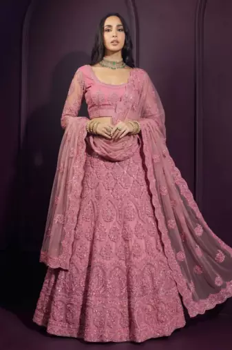 Pink butterfly net fabric with embroidered, resham, sequence, thread work lehengas for your wedding look