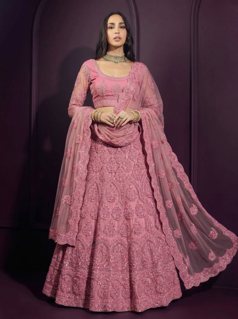 Pink butterfly net fabric with embroidered, resham, sequence, thread work lehengas for your wedding look