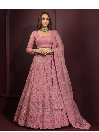 Pink butterfly net fabric with embroidered, resham, sequence, thread work lehengas for your wedding look 1