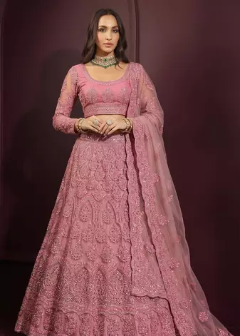 Pink butterfly net fabric with embroidered, resham, sequence, thread work lehengas for your wedding look