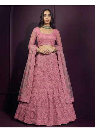 Pink butterfly net fabric with embroidered, resham, sequence, thread work lehengas for your wedding look 3
