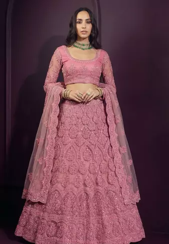 Pink butterfly net fabric with embroidered, resham, sequence, thread work lehengas for your wedding look