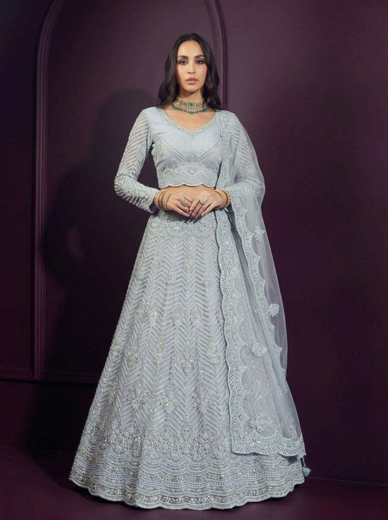 Light Sky butterfly net fabric with embroidered, resham, sequence, thread work lehengas for your wedding look