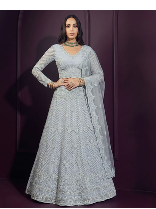 Light Sky butterfly net fabric with embroidered, resham, sequence, thread work lehengas for your wedding look 2