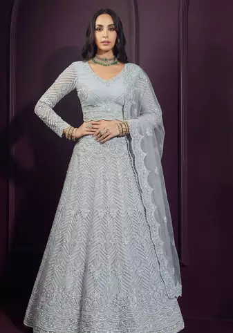 Light Sky butterfly net fabric with embroidered, resham, sequence, thread work lehengas for your wedding look