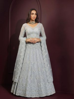 Light Sky butterfly net fabric with embroidered, resham, sequence, thread work lehengas for your wedding look 3