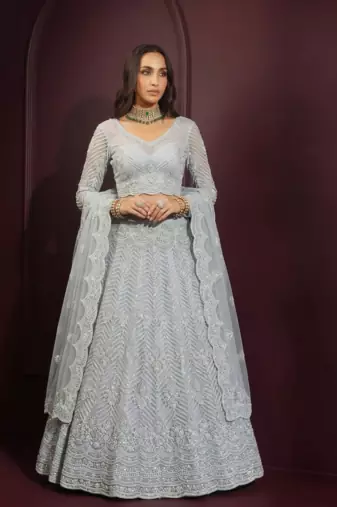 Light Sky butterfly net fabric with embroidered, resham, sequence, thread work lehengas for your wedding look