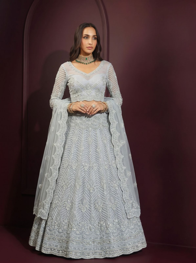 Light Sky butterfly net fabric with embroidered, resham, sequence, thread work lehengas for your wedding look