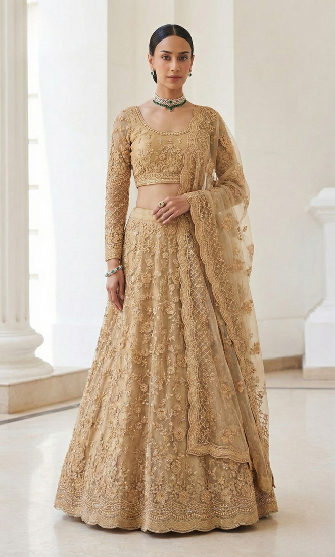 Golden Butterfly Net Fabric With Embroidered, Resham, Sequence, Thread Work Lehengas For Your Wedding Look