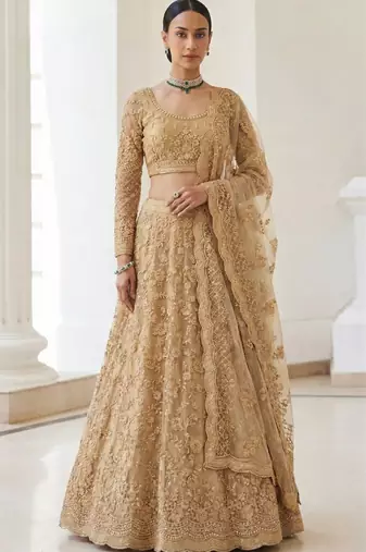 Golden Butterfly Net Fabric With Embroidered, Resham, Sequence, Thread Work Lehengas For Your Wedding Look