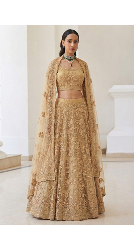 Golden Butterfly Net Fabric With Embroidered, Resham, Sequence, Thread Work Lehengas For Your Wedding Look 2