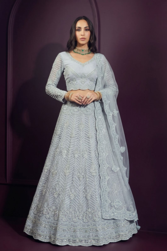 Light Sky Butterfly Net Fabric With Embroidered  Resham  sequin   Thread Work Lehengas For Your Wedding Look