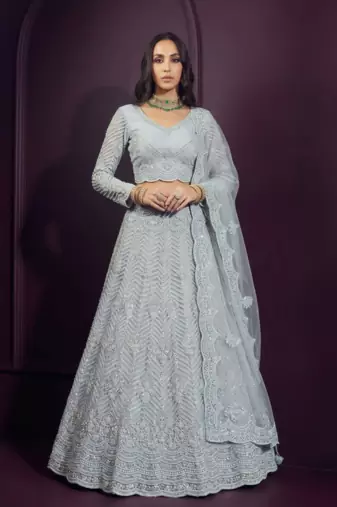 Light Sky Butterfly Net Fabric With Embroidered, Resham, Sequence, Thread Work Lehengas For Your Wedding Look