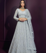 Light Sky Butterfly Net Fabric With Embroidered, Resham, Sequence, Thread Work Lehengas For Your Wedding Look
