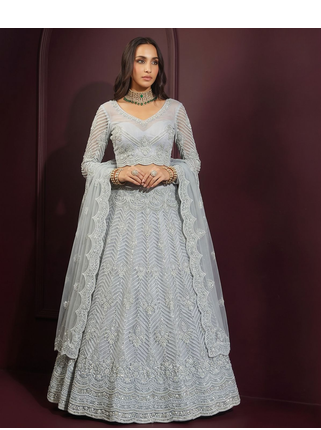 Light Sky Butterfly Net Fabric With Embroidered, Resham, Sequence, Thread Work Lehengas For Your Wedding Look 3