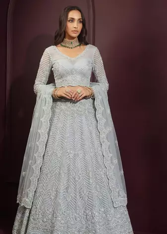 Light Sky Butterfly Net Fabric With Embroidered, Resham, Sequence, Thread Work Lehengas For Your Wedding Look